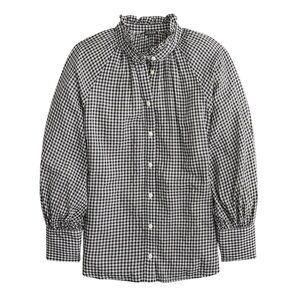 J CREW Ruffleneck Button-up Shirt in Plaid Soft Gauze Black & White Women’s Sz 2